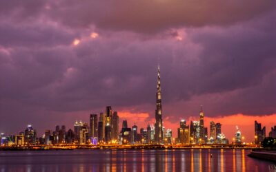 Stunning sunset view of Dubai skyline featuring the iconic Burj Khalifa.