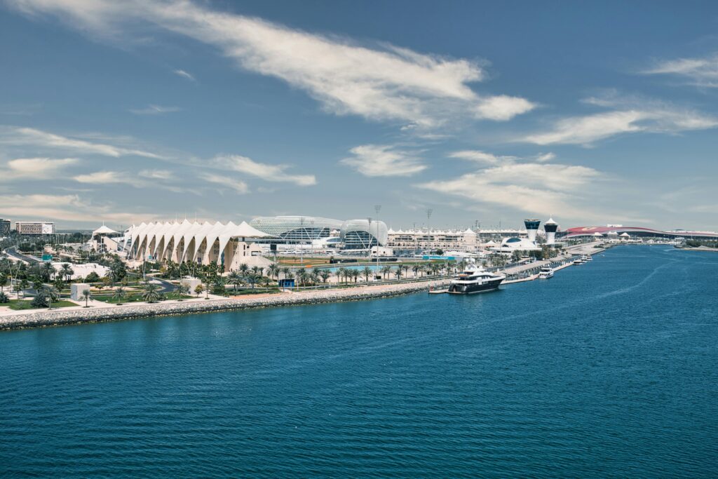 Explore the stunning modern architecture and waterfront of Yas Island, Abu Dhabi from above.