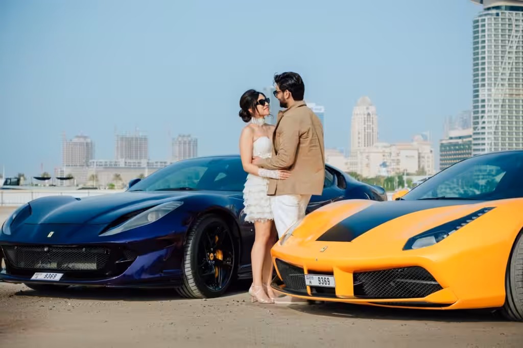 Beautiful couple standing to propose in the middle od cars