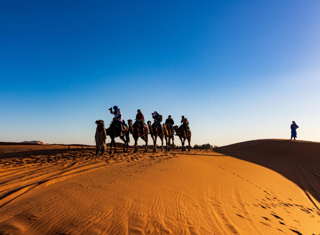 pexels-photo-1703312-1703312 A group of travelers on camels crossing the sandy dunes of the Sahara Desert under a clear blue sky.