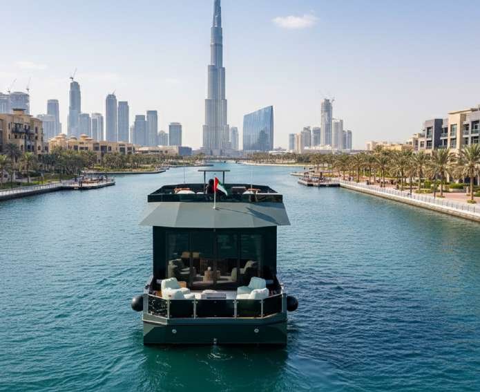 Luxury Boat with Boho Chic Proposal Setup, Burj Khalifa View