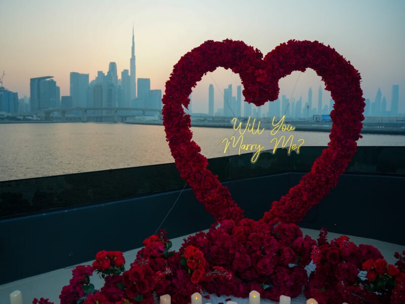 Luxury Boat with Boho Chic Proposal Setup, Burj Khalifa View