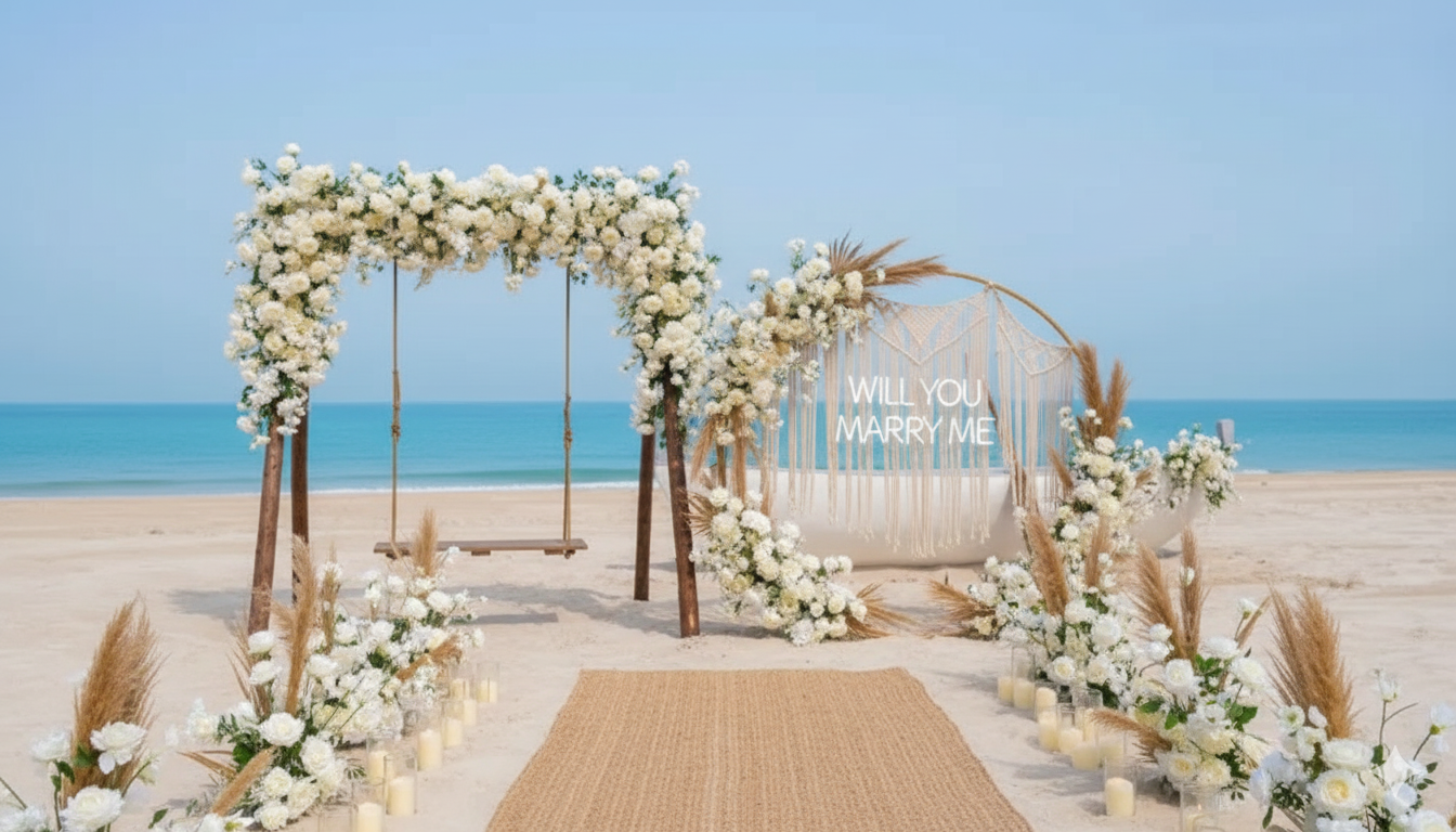 Sunset Beach Proposal at Saadiyat Beach Club - luxury proposal by Proposal Dubai