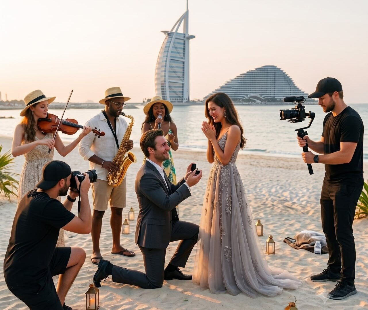 Beach proposal with violinist, saxophonist and vocalist, Burj Al Arab in the background